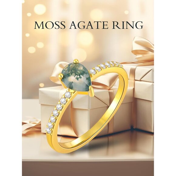Natura Teardop Moss Agate Rings Gemstone Wedding Engagement Stackable Promise - Picture 6 of 6